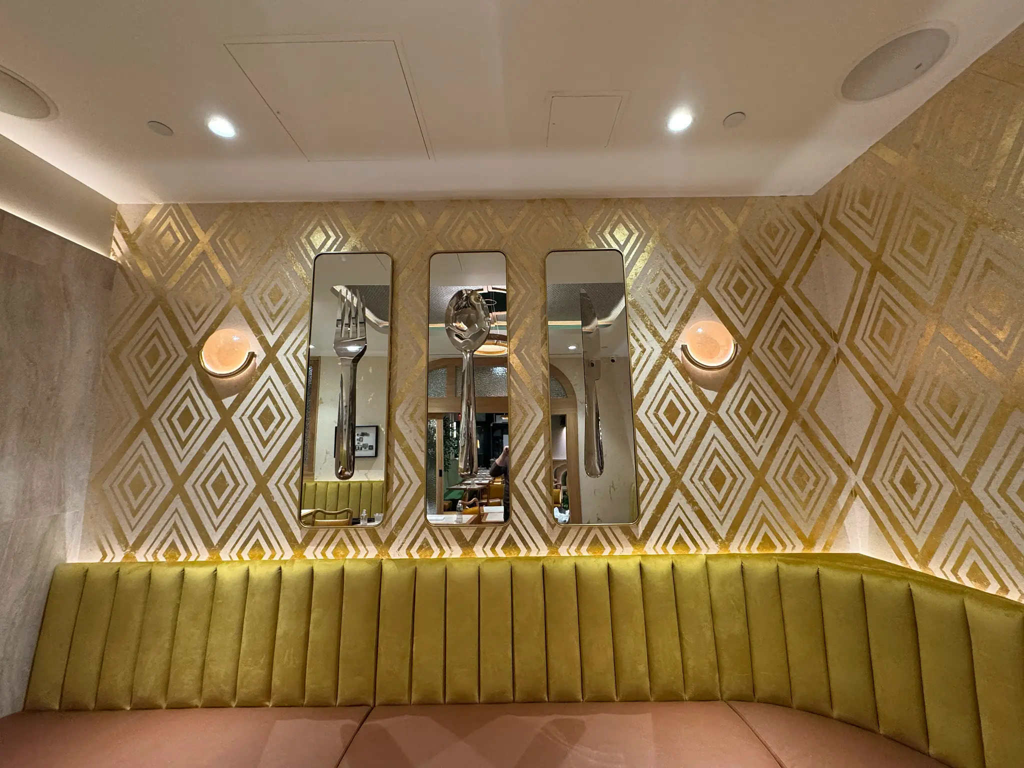 Friedmans — gold leaf diamond pattern over troweled plaster