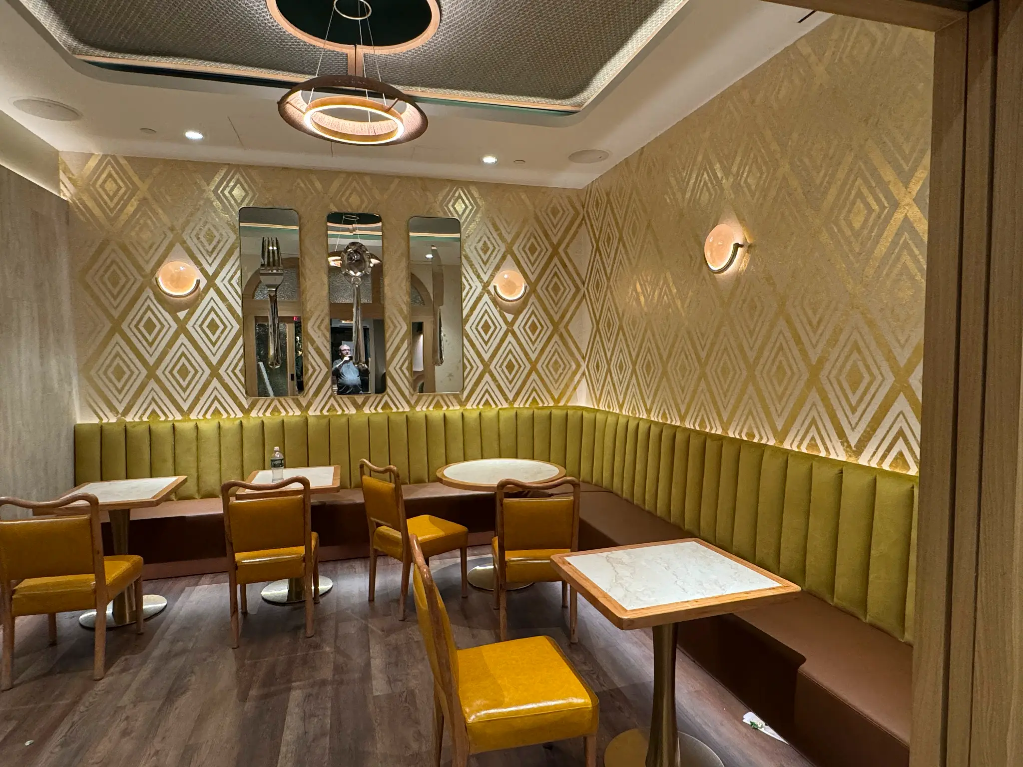 Friedmans — private dining room with gold leaf diamond pattern over troweled plaster