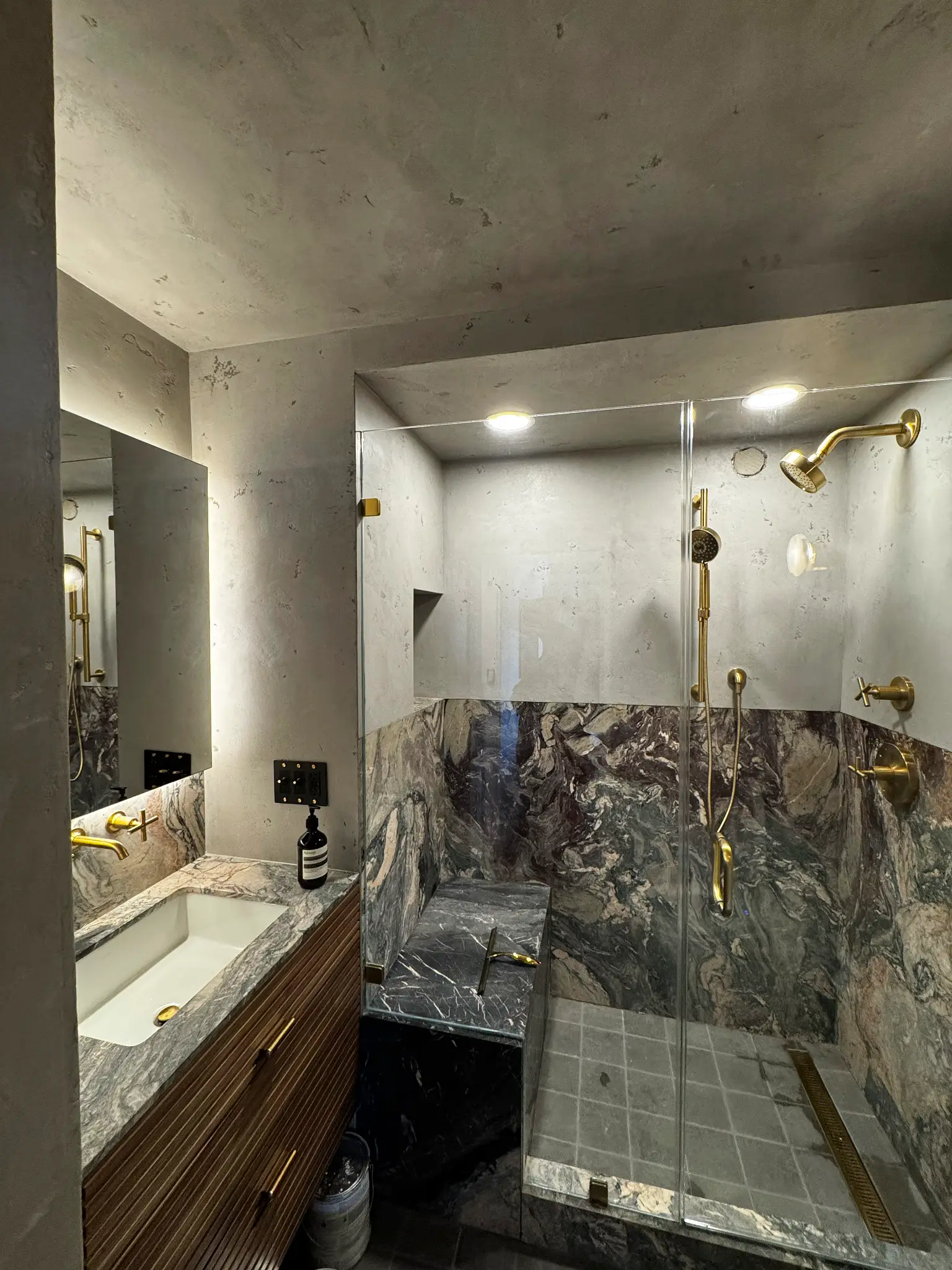 Horatio St. Apartment — primary bathroom, shower and vanity wall